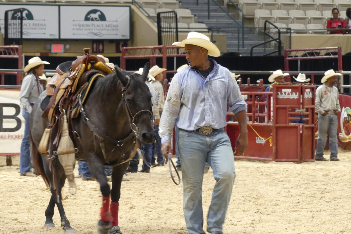 A cowboy wearing a white hat and pinstriped shirt leading his saddled black horse across a dirt arena.