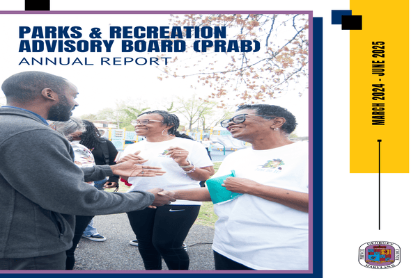 Report cover with the title Parks & Recreation Advisory Board (PRAB) Annual Report, March 2024-June 2025. There is an image of a man greeting two women and shaking hands with one.