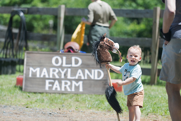 Outside near a wooden sign that reads Old Maryland Farm, a small boy plays with a stick horse toy.