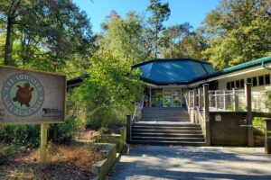 A pathway with stairs leading to a building, surrounded by forest. A wooden sign reads CLEARWATER NATURE CENTER.