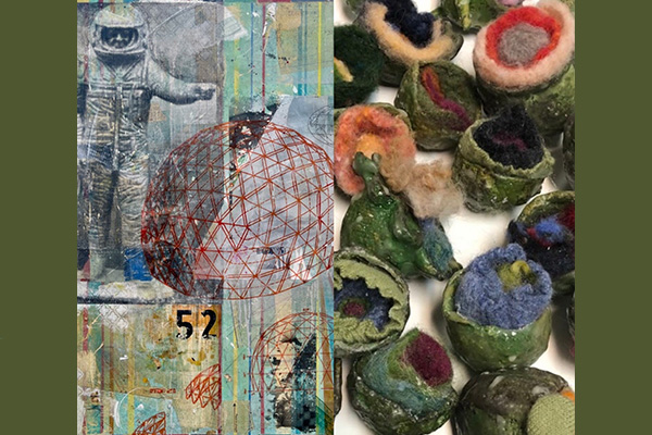Composite image featuring a collage of geodesic domes and an astronaut next to an image of mixed media sculptures made of ceramic and felted yarn.