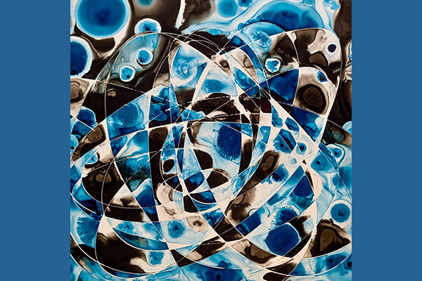 Abstract artwork in shades of blue, white, and black.