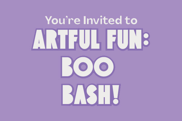 Purple background with white text reading "You're invited to Artful Fun: Boo Bash!"