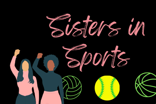 Two cartoon characters posing against a black background with various sports balls behind them. Text reading "Sisters in Sports"